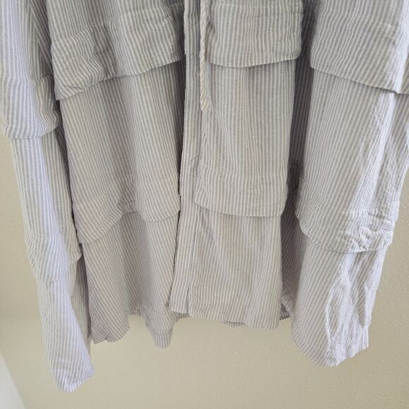 Calvin Klein Maxi Dress Sz 14 Blue Striped Linen Tiered Sleeveless A-Line - Picture 11 of 15